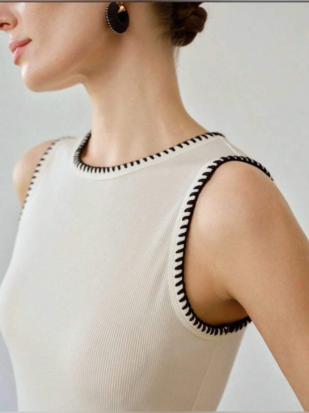 Serra White Ribbed Tank with Black Scalloped Trim 95% cotton